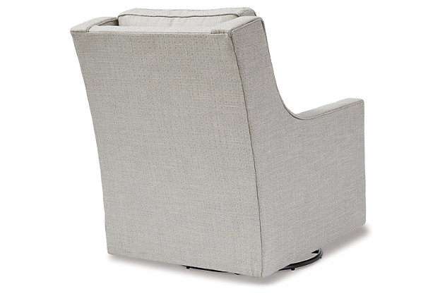 Crisp and cool—but not without its own curves—the Kambria accent chair lends a quiet confidence to your room. The subtle geometric pattern and slope arm design keep this grownup accent chair feeling youthful.Reversible cushions | High-resiliency foam cushions wrapped in thick poly fiber | Polyester upholstery | Metal swivel glider base | Platform foundation system resists sagging 3x better than spring system after 20,000 testing cycles by providing more even support | Smooth platform foundation maintains tight, wrinkle-free look without dips or sags that can occur over time with sinuous spring foundations
