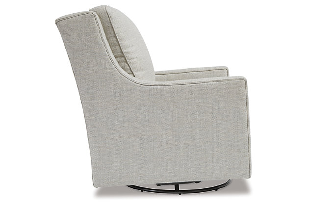 Crisp and cool—but not without its own curves—the Kambria accent chair lends a quiet confidence to your room. The subtle geometric pattern and slope arm design keep this grownup accent chair feeling youthful.Reversible cushions | High-resiliency foam cushions wrapped in thick poly fiber | Polyester upholstery | Metal swivel glider base | Platform foundation system resists sagging 3x better than spring system after 20,000 testing cycles by providing more even support | Smooth platform foundation maintains tight, wrinkle-free look without dips or sags that can occur over time with sinuous spring foundations
