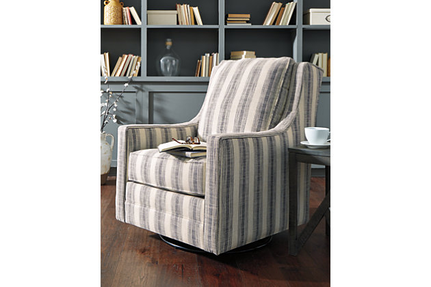 Crisp and cool—but not without its own curves—the Kambria accent chair lends a quiet confidence to your room. The subtle geometric pattern and slope arm design keep this grownup accent chair feeling youthful.Polyester upholstery in ivory and black striped pattern | Reversible cushions | High-resiliency foam cushions wrapped in thick poly fiber | Metal swivel glider base | Platform foundation system resists sagging 3x better than spring system after 20,000 testing cycles by providing more even support | Smooth platform foundation maintains tight, wrinkle-free look without dips or sags that can occur over time with sinuous spring foundations