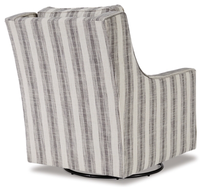 Crisp and cool—but not without its own curves—the Kambria accent chair lends a quiet confidence to your room. The subtle geometric pattern and slope arm design keep this grownup accent chair feeling youthful.Polyester upholstery in ivory and black striped pattern | Reversible cushions | High-resiliency foam cushions wrapped in thick poly fiber | Metal swivel glider base | Platform foundation system resists sagging 3x better than spring system after 20,000 testing cycles by providing more even support | Smooth platform foundation maintains tight, wrinkle-free look without dips or sags that can occur over time with sinuous spring foundations