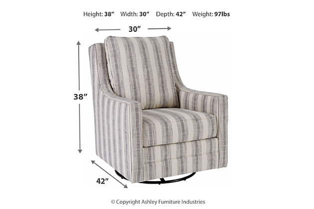 Crisp and cool—but not without its own curves—the Kambria accent chair lends a quiet confidence to your room. The subtle geometric pattern and slope arm design keep this grownup accent chair feeling youthful.Polyester upholstery in ivory and black striped pattern | Reversible cushions | High-resiliency foam cushions wrapped in thick poly fiber | Metal swivel glider base | Platform foundation system resists sagging 3x better than spring system after 20,000 testing cycles by providing more even support | Smooth platform foundation maintains tight, wrinkle-free look without dips or sags that can occur over time with sinuous spring foundations