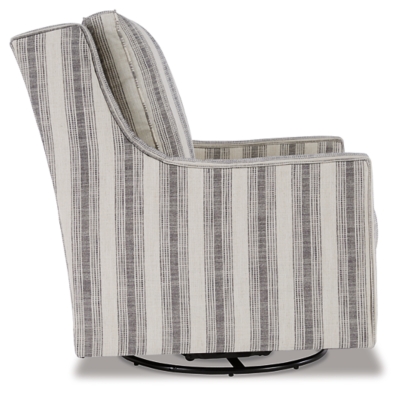 Crisp and cool—but not without its own curves—the Kambria accent chair lends a quiet confidence to your room. The subtle geometric pattern and slope arm design keep this grownup accent chair feeling youthful.Polyester upholstery in ivory and black striped pattern | Reversible cushions | High-resiliency foam cushions wrapped in thick poly fiber | Metal swivel glider base | Platform foundation system resists sagging 3x better than spring system after 20,000 testing cycles by providing more even support | Smooth platform foundation maintains tight, wrinkle-free look without dips or sags that can occur over time with sinuous spring foundations