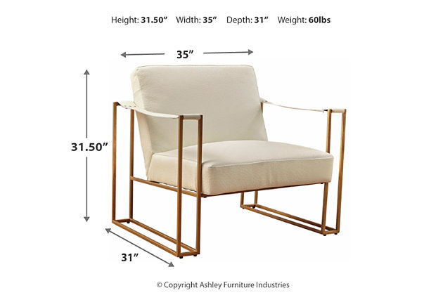 Less is so much more with the ultra-cool Kleemore accent chair. A mastery in open-concept living, this chair with sturdy metal base is enriched with thickly padded box cushions wrapped in a cream leather with ostrich patterned embossing. Leather armrests are a strapping touch.Made of metal in goldtone finish | Tight seat and back | Upholstered in cream ostrich patterned embossed leather | Estimated Assembly Time: 15 Minutes
