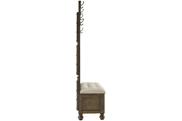 If you’re looking for high style with purpose, the Brickwell hall tree with storage bench is sure to sit well with you. Providing a plush spot to slip into or out of your shoes, the thickly cushioned seat with tufted upholstery removes to reveal plenty of handy storage. Five double hooks for coats, hats and umbrellas make this designer hall tree that much more of a welcome addition to modern farmhouse and transitional spaces.Made of veneer, wood and engineered wood | Polyester upholstery in beige | Tufted seat | High-quality foam cushion | 5 metal hooks | Removable seat with interior storage | Assembly required | Estimated Assembly Time: 30 Minutes