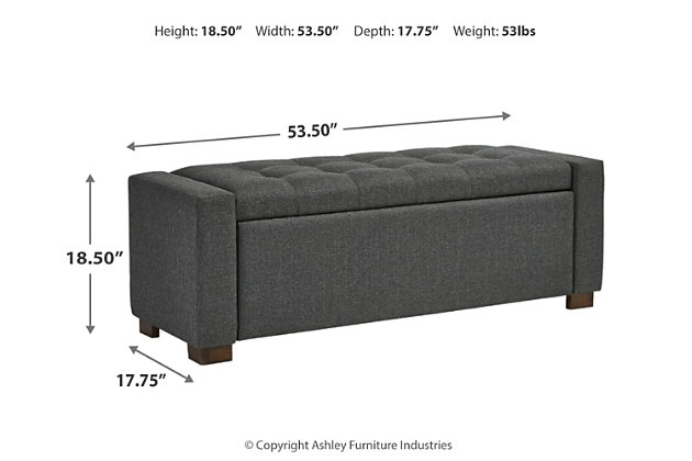 Whether gracing a front entry or living room, or placed at the foot of the bed, the Cortwell upholstered storage bench is loaded with flair. Tufted cushioned seat with hinge reveals an ample storage compartment for this, that and the other. Gorgeous gray fabric is the epitome of neutral sophistication.Polyester upholstery in gray | Wood legs with brown finish | Tufted seat cushion | Hinged seat | Interior storage | Estimated Assembly Time: 30 Minutes