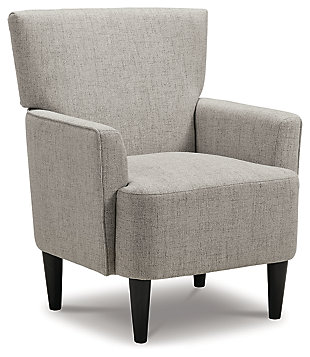 Tailor your space to your own tastes with the Hansridge accent chair. Track arms and a sesame beige upholstery create a crisp impression. Exposed legs in a black finish add to the air of modernity.Made of polyester and wood | Sesame beige polyester upholstery | Attached back and seat cushions | Exposed wood legs in black finish | Assembly required | Estimated Assembly Time: 30 Minutes
