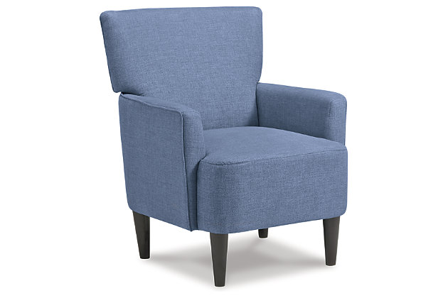 Tailor your space to your own tastes with the Hansridge accent chair. Track arms and blue upholstery create a crisp impression. Exposed legs in a black finish add to the air of modernity.Made of polyester and wood | Polyester upholstery | Attached back and seat cushions | Exposed wood legs in black finish | Assembly required | Estimated Assembly Time: 30 Minutes