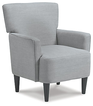 Tailor your space to your own tastes with the Hansridge accent chair. Track arms and light gray upholstery create a crisp impression. Exposed legs in a black finish add to the air of modernity.Made of polyester and wood | Polyester upholstery | Attached back and seat cushions | Exposed wood legs in black finish | Assembly required | Estimated Assembly Time: 30 Minutes