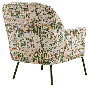 Amp up the cool factor in your room with the Dericka accent chair as you sit back and relax in contemporary comfort. An abstract-patterned polyester velvet provides a sumptuous perch from which to soak up the very modern space you’ve created.Made of polyester and metal | Beige, dark green, burnt orange and light blue polyester velvet upholstery | Attached back and seat cushions | Metal legs in black finish | Assembly required | Estimated Assembly Time: 30 Minutes