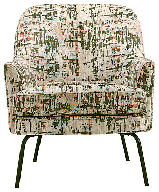 Amp up the cool factor in your room with the Dericka accent chair as you sit back and relax in contemporary comfort. An abstract-patterned polyester velvet provides a sumptuous perch from which to soak up the very modern space you’ve created.Made of polyester and metal | Beige, dark green, burnt orange and light blue polyester velvet upholstery | Attached back and seat cushions | Metal legs in black finish | Assembly required | Estimated Assembly Time: 30 Minutes