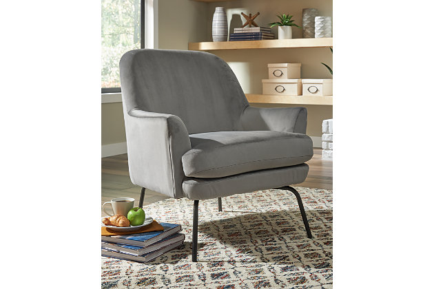 Amp up the cool factor in your room with the Dericka accent chair as you sit back and relax in contemporary comfort. A steel gray polyester velvet provides a sumptuous perch from which to soak up the very modern space you’ve created.Made of polyester and metal | Steel gray polyester velvet upholstery | Attached back and seat cushions | Metal legs in black finish | Assembly required | Estimated Assembly Time: 15 Minutes