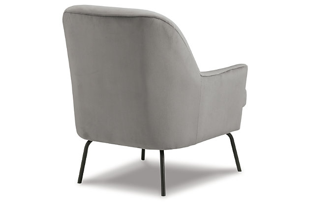 Amp up the cool factor in your room with the Dericka accent chair as you sit back and relax in contemporary comfort. A steel gray polyester velvet provides a sumptuous perch from which to soak up the very modern space you’ve created.Made of polyester and metal | Steel gray polyester velvet upholstery | Attached back and seat cushions | Metal legs in black finish | Assembly required | Estimated Assembly Time: 15 Minutes