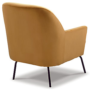 Amp up the cool factor in your room with the Dericka accent chair as you sit back and relax in contemporary comfort. A gold polyester velvet provides a sumptuous perch from which to soak up the very modern space you’ve created.Made of polyester and metal | Goldtone polyester velvet upholstery | Attached back and seat cushions | Metal legs in black finish | Assembly required | Estimated Assembly Time: 15 Minutes
