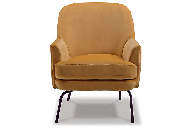 Amp up the cool factor in your room with the Dericka accent chair as you sit back and relax in contemporary comfort. A gold polyester velvet provides a sumptuous perch from which to soak up the very modern space you’ve created.Made of polyester and metal | Goldtone polyester velvet upholstery | Attached back and seat cushions | Metal legs in black finish | Assembly required | Estimated Assembly Time: 15 Minutes