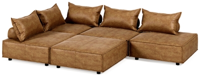 Deep, low seating says relax. Covered on all sides in a sleek and modern distressed faux leather with welted edges, the Bales accent chair set can be easily rearranged in infinite configurations. Thanks to its modular design, making the transformation from sectional to conversation pit is practically effortless.Includes 5 modular accent chairs | Distressed brown faux leather upholstery | 5 welted pillows and 5 bolsters with non-slip decking | Plastic non-slip feet in black finish | Minimal assembly required | Estimated Assembly Time: 75 Minutes