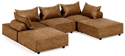 Deep, low seating says relax. Covered on all sides in a sleek and modern distressed faux leather with welted edges, the Bales accent chair set can be easily rearranged in infinite configurations. Thanks to its modular design, making the transformation from sectional to conversation pit is practically effortless.Includes 5 modular accent chairs | Distressed brown faux leather upholstery | 5 welted pillows and 5 bolsters with non-slip decking | Plastic non-slip feet in black finish | Minimal assembly required | Estimated Assembly Time: 75 Minutes