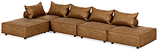 Deep, low seating says relax. Covered on all sides in a sleek and modern distressed faux leather with welted edges, the Bales accent chair set can be easily rearranged in infinite configurations. Thanks to its modular design, making the transformation from sectional to conversation pit is practically effortless.Includes 5 modular accent chairs | Distressed brown faux leather upholstery | 5 welted pillows and 5 bolsters with non-slip decking | Plastic non-slip feet in black finish | Minimal assembly required | Estimated Assembly Time: 75 Minutes