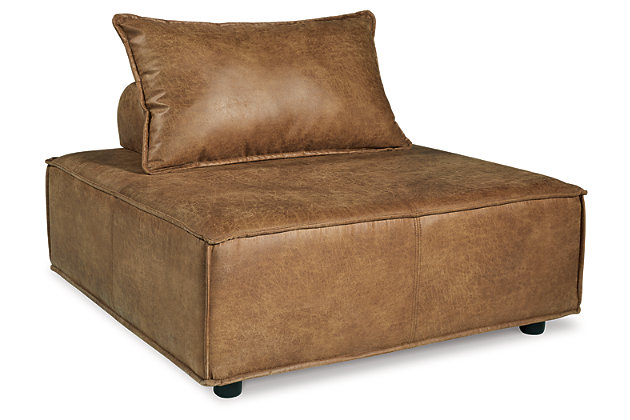 Deep, low seating says relax. Covered in an inviting distressed faux leather with French seams and welted edges, the Bales modular armless floor seat with its clean lines and contemporary styling gives you beauty and comfort that adapts to trends suiting your space for years to come.Distressed brown faux leather upholstery | Welted pillow and bolster with non-slip decking | Plastic non-slip feet in black finish | Minimal assembly required | Estimated Assembly Time: 15 Minutes