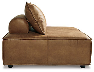 Deep, low seating says relax. Covered in an inviting distressed faux leather with French seams and welted edges, the Bales modular armless floor seat with its clean lines and contemporary styling gives you beauty and comfort that adapts to trends suiting your space for years to come.Distressed brown faux leather upholstery | Welted pillow and bolster with non-slip decking | Plastic non-slip feet in black finish | Minimal assembly required | Estimated Assembly Time: 15 Minutes