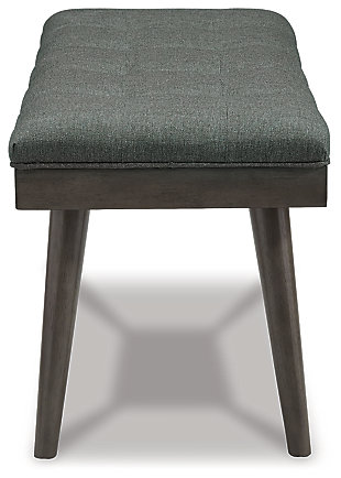 Mid-century sensibility shows up well in the Ashlock bench. The tufted gray upholstery is buttoned up like a dress shirt over the tapered wood legs and apron. Tuck this modern gem into your entryway for a cool seat while removing your shoes or set it at the end of your bed for a touch of vintage style.Made of polyester and wood | Polyester fabric upholstery | Tufted seat cushion | Wood apron and legs in gray finish | Assembly required | Estimated Assembly Time: 15 Minutes