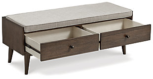 Style gets a practical upgrade with the two drawers of the Chetfield bench. The warm brown finish topped with a reversible cushion upholstered in gray fabric works in so many decor styles. Finished off with tapered legs and black-finish metal drawer pulls, this piece adds an efficient charm to your home.Made of veneer, solid and engineered wood and polyester | Wood frame in brown finish | Black metal drawer pulls | 2 drawers | Reversible cushion upholstered in gray polyester fabric | Assembly required | Estimated Assembly Time: 15 Minutes