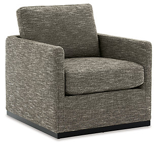 Talk about head-turning style. The Grona accent chair is perfect for your living room or bedroom and its gentle swivel motion keeps everyday relaxation easy-breezy. You'll love its staying power.Attached back cushion and loose seat cushion | Textured brown polyester upholstery | Dark brown wood trim base with metal swivel | Track arms with upholstered detail | No assembly required