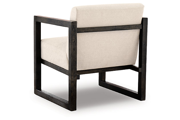 A wire brushed frame in brown finish, a slight pitched back and two-tone cream upholstery is the Alarick accent chair. Perfect on its own or pair it up.Wood and polyester | Attached back and seat cushion | Wood frame | Easy assembly | Estimated Assembly Time: 30 Minutes