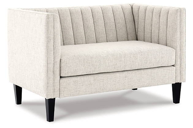 The Jeanay settee boasts couture-inspired detailing with modern allure. Channel tufted arms and back design with wood tapered legs in dark brown elevate its luxe appeal with feel-good beige colored polyester fabric putting comfort in style.Beige polyester upholstery | Wood legs with dark brown finish | Attached seat cushion | Easy assembly | Estimated Assembly Time: 30 Minutes