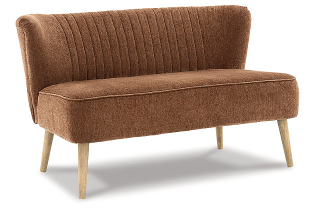 The Collbury settee boasts couture-inspired detailing with its curved sides and contemporary/mid-century allure. Channel stitched back design with natural wood tapered legs elevates its luxe appeal with feel-good cognac brown colored polyester fabric putting comfort in style.Beige polyester upholstery | Wood legs with natural finish | Attached back and seat cushion | Easy assembly | Estimated Assembly Time: 30 Minutes