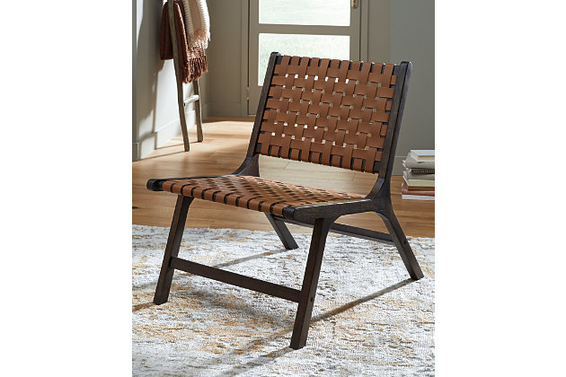 On-trend and exceedingly stylish, the Fayme mid-century modern lounge chair is sure to be hit with your contemporary home. Featuring a solid wood armless frame in dark brown finish with leather strip woven back and seat in camel-tone basket weave pattern.Wood and leather | Wood frame with dark brown finish | Indoor use only | Easy assembly | Estimated Assembly Time: 15 Minutes