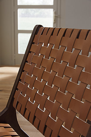 On-trend and exceedingly stylish, the Fayme mid-century modern lounge chair is sure to be hit with your contemporary home. Featuring a solid wood armless frame in dark brown finish with leather strip woven back and seat in camel-tone basket weave pattern.Wood and leather | Wood frame with dark brown finish | Indoor use only | Easy assembly | Estimated Assembly Time: 15 Minutes