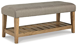 The solid construction and timeless style of the Cabellero bench make it the perfect accent piece in your living room, bedroom or entryway. A wood slat storage shelf and cushioned top add a sense of airy sophistication and charming rustic style.Solid wood in medium brown finish | Attached tufted seat cushion in beige polyester upholstery | Wood slat shelf | Assembly required | Estimated Assembly Time: 15 Minutes