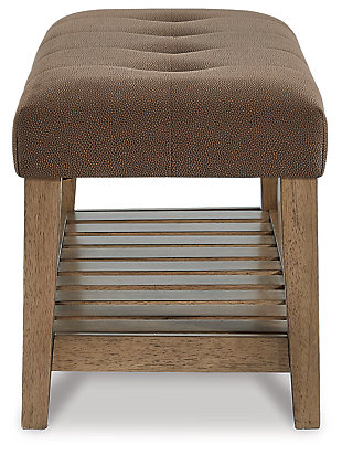 The solid construction and timeless style of the Cabellero bench make it the perfect accent piece in your living room, bedroom or entryway. A wood slat storage shelf and cushioned top add a sense of airy sophistication and charming rustic style.Solid wood in medium brown finish | Attached tufted seat cushion in brown faux leather upholstery | Wood slat shelf | Assembly required | Estimated Assembly Time: 30 Minutes