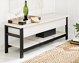 Seating with style and storage - what more could you need? This Rhyson storage bench has a hinged seat and plank shelf, making it the perfect multi-use piece. The white wood grain effect lends a casual touch, while the black finished legs and supports create a dynamic contrast.Engineered wood in white wood grained effect laminate | Solid wood legs and rail in black finish | Hinged seat with storage compartment | Plank shelf | Assembly required | Estimated Assembly Time: 60 Minutes