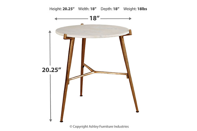 Take a stance for clean, contemporary style with the Chadton accent table. Round white marble top is paired with an antiqued goldtone tripod base. The result: an ultra-rich aesthetic priced to entice.White marble tabletop | Metal base with antiqued goldtone finish | Assembly required | Estimated Assembly Time: 15 Minutes