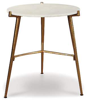 Take a stance for clean, contemporary style with the Chadton accent table. Round white marble top is paired with an antiqued goldtone tripod base. The result: an ultra-rich aesthetic priced to entice.White marble tabletop | Metal base with antiqued goldtone finish | Assembly required | Estimated Assembly Time: 15 Minutes