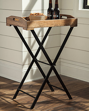 Bring your food to you with the modern farmhouse Cadocridge accent table. Removable wooden tray holds your food and beverages wherever you are. Medium brown finish of the wood embraces the beauty of natural elements. You’ll love the ease of folding the black finished metal base to put away when you’re done.Made of wood and metal | Removable tray | Foldable base | Estimated Assembly Time: 15 Minutes