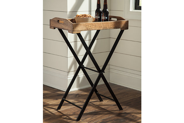 Bring your food to you with the modern farmhouse Cadocridge accent table. Removable wooden tray holds your food and beverages wherever you are. Medium brown finish of the wood embraces the beauty of natural elements. You’ll love the ease of folding the black finished metal base to put away when you’re done.Made of wood and metal | Removable tray | Foldable base | Estimated Assembly Time: 15 Minutes