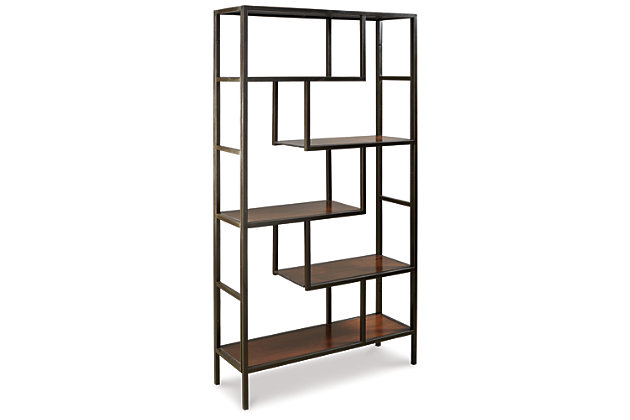 The Frankwell bookcase is for the geometry lover. Five fixed shelves at various angles create gorgeous negative space in your room. It’s sleek and contemporary with quality construction. You’re going to love propping up your books in style.Made of solid wood and engineered wood | Metal frame with black finish | 5 fixed shelves | Estimated Assembly Time: 30 Minutes