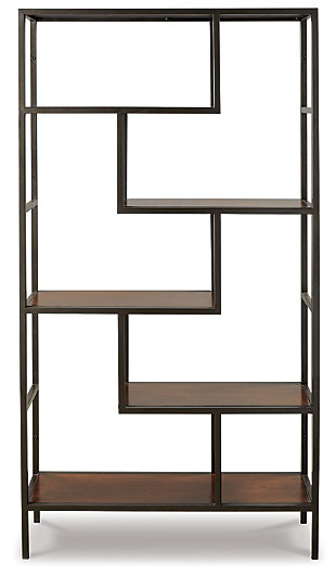 The Frankwell bookcase is for the geometry lover. Five fixed shelves at various angles create gorgeous negative space in your room. It’s sleek and contemporary with quality construction. You’re going to love propping up your books in style.Made of solid wood and engineered wood | Metal frame with black finish | 5 fixed shelves | Estimated Assembly Time: 30 Minutes