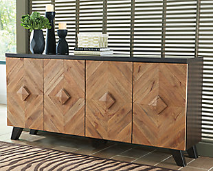 Diamond life. Make a bold, brilliant statement with this 4-door accent cabinet. Its two-tone styling merges a dark brown exterior with a multi-tonal distressed finish on the doors and handles. Diamond-shaped plank effect brings rich, dimensional flair to the scene. Adjustable shelving makes this high-end accent piece highly functional.Made of veneers and solid wood | Two-tone finish | 2 adjustable shelves behind 4 cabinet doors | Some assembly required | Estimated Assembly Time: 45 Minutes