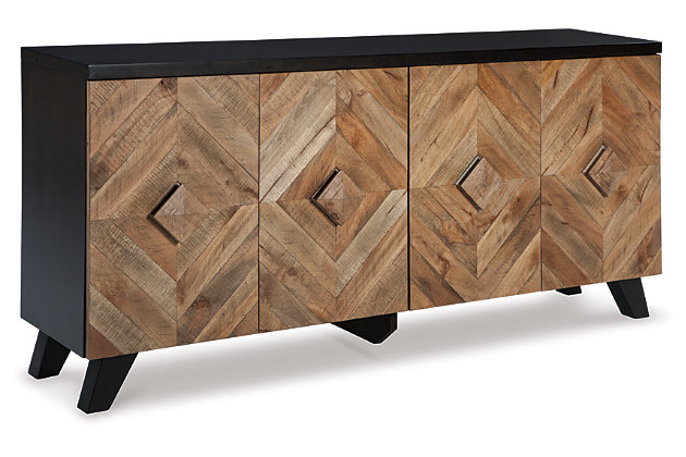 Diamond life. Make a bold, brilliant statement with this 4-door accent cabinet. Its two-tone styling merges a dark brown exterior with a multi-tonal distressed finish on the doors and handles. Diamond-shaped plank effect brings rich, dimensional flair to the scene. Adjustable shelving makes this high-end accent piece highly functional.Made of veneers and solid wood | Two-tone finish | 2 adjustable shelves behind 4 cabinet doors | Some assembly required | Estimated Assembly Time: 45 Minutes