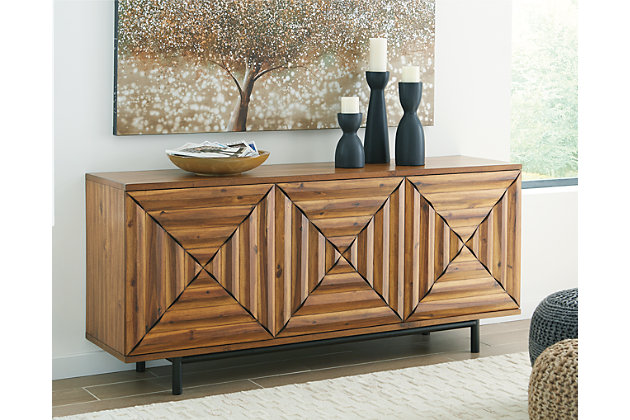 Whether you see squares, triangles or diamonds, you can’t help but be captivated by the high-end look and feel of the Fair Ridge 3-door accent cabinet. Distinctive elements include inlay pattern touch latch doors made all the more interesting with cross-cut styling. Well equipped with adjustable shelving, this accent cabinet serves your storage needs beautifully.Made of veneers and wood | Black finished metal base | 3 touch latch doors | 3 adjustable shelves | Some assembly required | Estimated Assembly Time: 15 Minutes