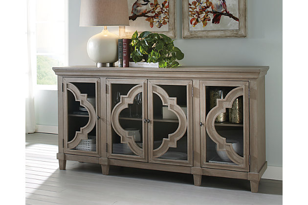 Contemporary Amber Fossil Ridge 4-Door Accent Cabinet Hand Carved Medallion Pattern Ashley Furniture Signature Design