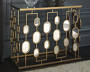 Let your sense of high design shine with the Majaci console table. Mirrored glass and a luminous goldtone finish make luxury a part of everyday living. Minimalist-chic styling is sure to open up a space beautifully.Made of goldtone metal | Mirrored glass tabletop and accents | Clean with a soft, dry cloth | Estimated Assembly Time: 30 Minutes
