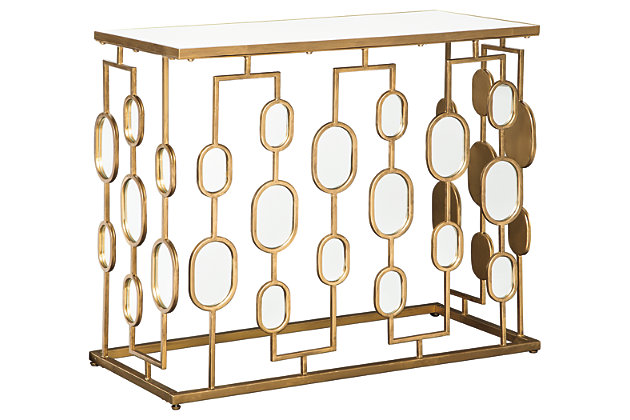 Let your sense of high design shine with the Majaci console table. Mirrored glass and a luminous goldtone finish make luxury a part of everyday living. Minimalist-chic styling is sure to open up a space beautifully.Made of goldtone metal | Mirrored glass tabletop and accents | Clean with a soft, dry cloth | Estimated Assembly Time: 30 Minutes