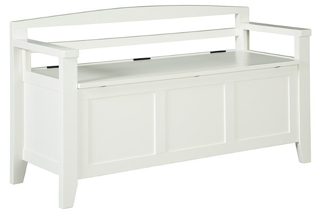 Delighting with a crisp, white finish and clean, classic styling, the Charvanna storage bench is sitting pretty. Whether making an entryway, mudroom or living space more inviting, it’s sure to give you your money’s worth of form and function.Made of veneers, wood and engineered wood | Crisp white finish | Lift-top seat with stay arm | Estimated Assembly Time: 45 Minutes