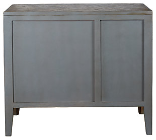Rustic with a contemporary remix. The Boyerville accent cabinet adds extra storage to your home. Wood grain shows beautifully through the antiqued gray finish. Herringbone pattern elevates the aesthetic for an unmatched look. Round silvertone door pulls put the finishing touches on this stylish piece.Made of wood and engineered wood | Antiqued silvertone finished metal door pulls | 3 doors and 2 shelves | Estimated Assembly Time: 30 Minutes