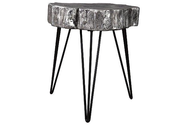 High style faux real. A fresh twist on rustic refinement, the Dellman artificial wood slice table is a true standout. Antiqued silvertone finish gives its remarkably realistic tabletop cut-above flair.Magnesium oxide tabletop in silvertone finish | Metal base in black finish | Estimated Assembly Time: 15 Minutes