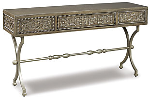 The Quinnland console sofa table is style with a purpose. This casual look flaunts a medallion pattern along the front. Champagne color finished metal complements the antiqued gray finished wood. Show off decor on top. Rest assured X-base is as strong as it looks. Functional drawer allows you to keep knick-knacks out of sight.Made of solid wood | Champagne color finished metal | 1 drawer | Estimated Assembly Time: 30 Minutes